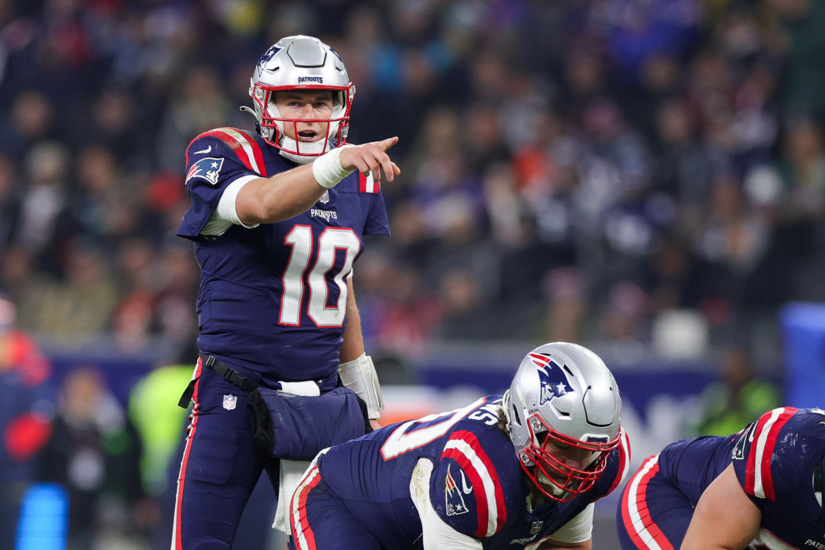 Nov 12, 2023; Frankfurt, Germany; New England Patriots quarterback Mac Jones (10) calls a play at the line against the Indianapolis Colts in the fourth quarter during an International Series game at Deutsche Bank Park. 